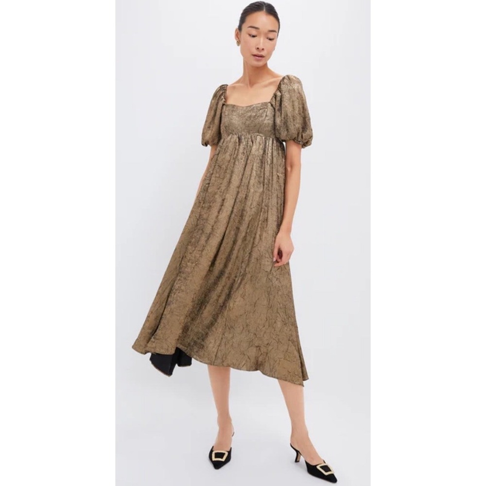Moon River Gold Shimmer Midi Dress – Puff Sleeve – Women's XS – Lined NWT